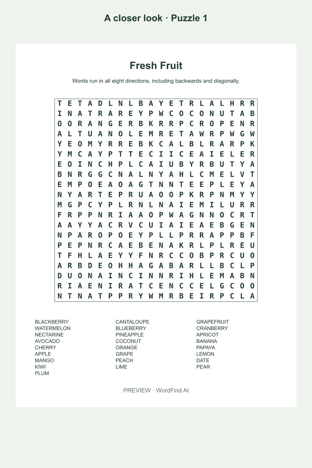 Puzzle preview from 100 Hard Word Search Puzzles (Printable PDF)
