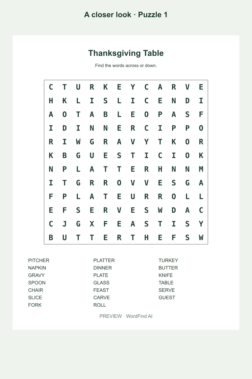 Puzzle preview from Thanksgiving & Christmas Classroom Word Search Pack